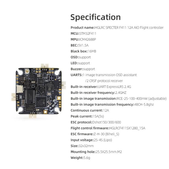 Hot HGLRC SPECTER F411 12A AIO F411 Flight Controller 12A 4in1 ESC 400mW UART ELRS 2.4G 2-4S 25.5mm RC Racing UAV
